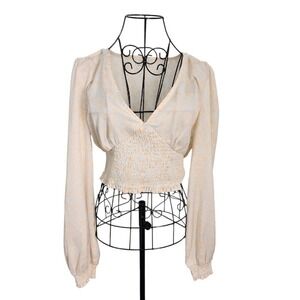 Urban Outfitters Peach Floral Smocked Waist Crop Top Long Sleeve V-Neck Medium